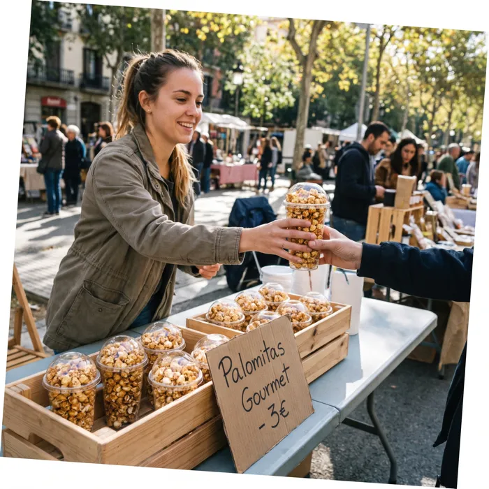 Alumna vendiendo palomitas gourmet en una feria local
