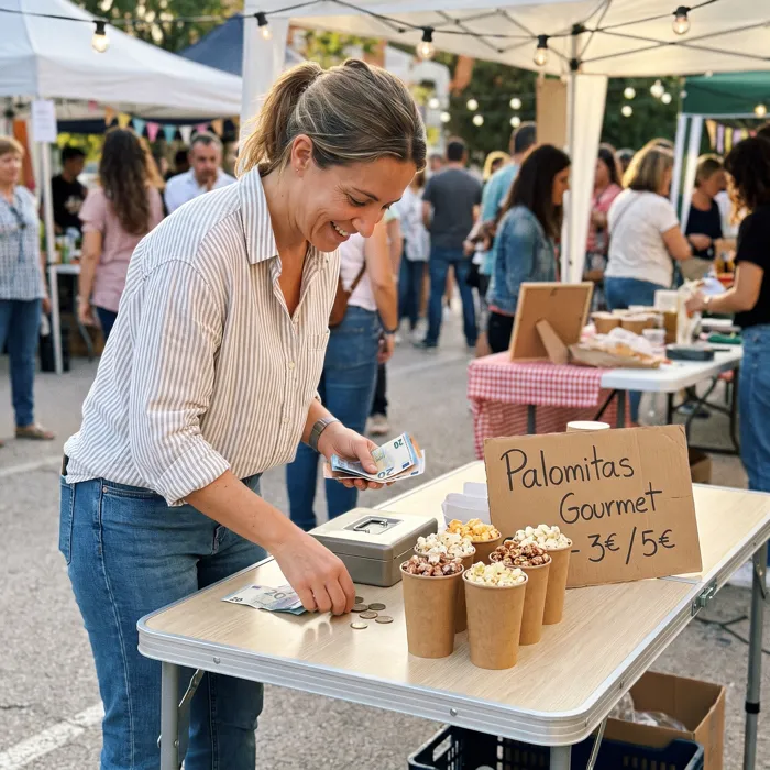 Alumna cobrando en efectivo en un punto de venta improvisado